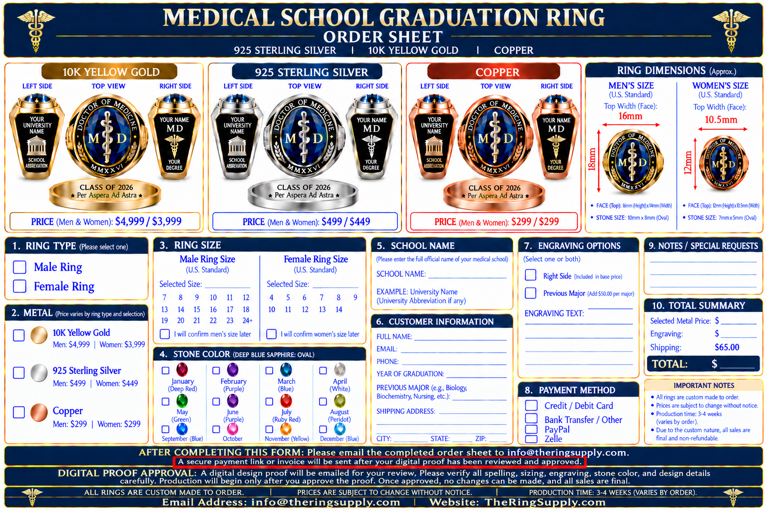 Medical school graduation ring order sheet