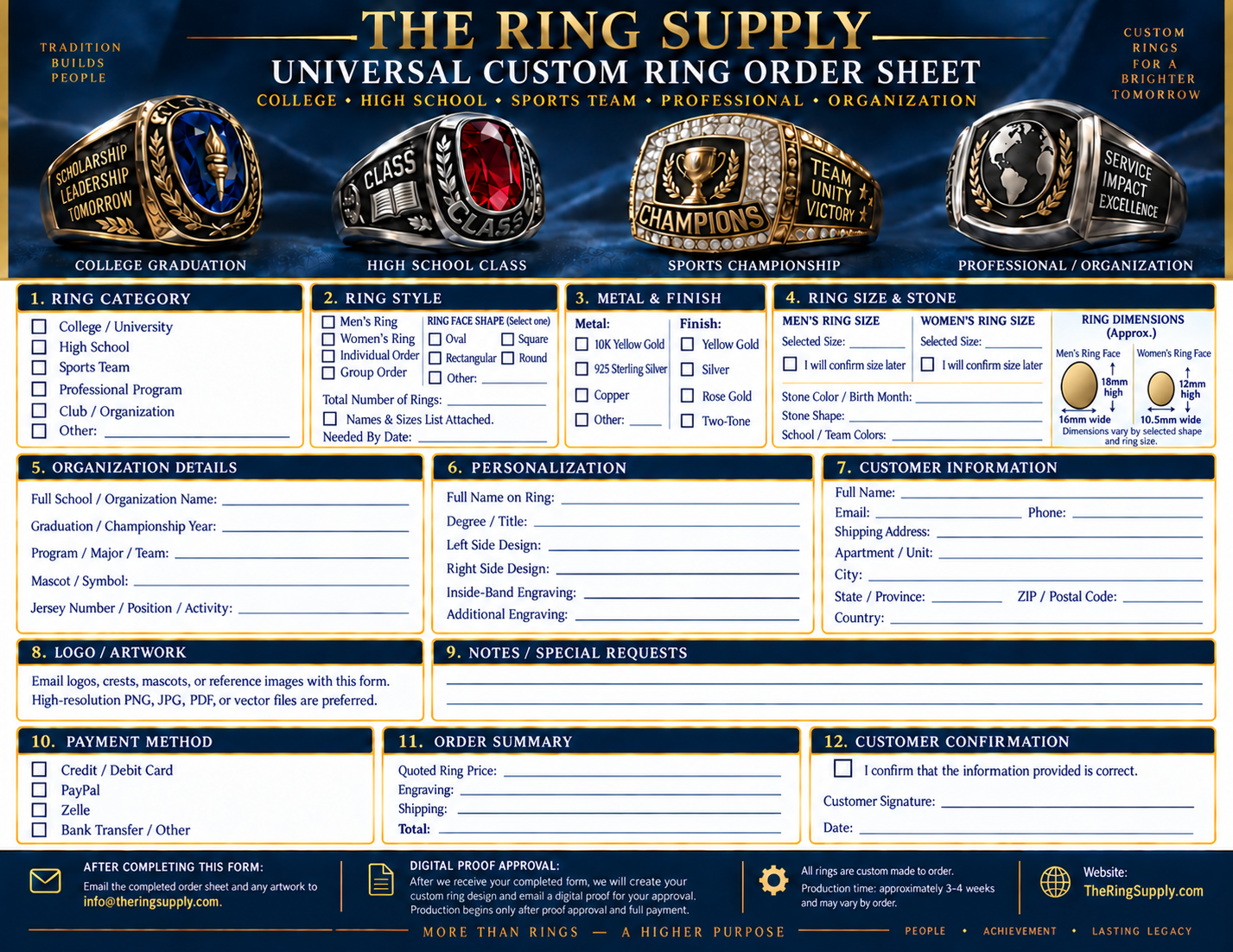 Universal custom ring order sheet for colleges, high schools, sports teams and organizations